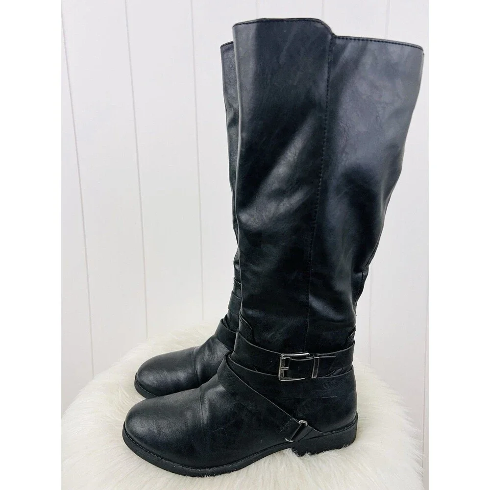 Style & Co Lolah Black Vegan Leather Riding Boots Tall Knee High Moto Goth 8M